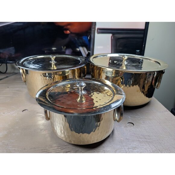 P-TAL Brass Patila Set Of 3 (1L, 3L ,5L) W/ Lids & Tin Coated Pure Brass - Picture 1 of 16